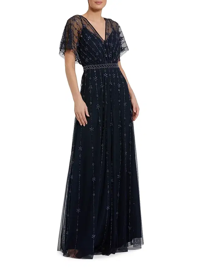 Mac Duggal Women's Crystal-Embellished Flutter-Sleeve A-Line Gown - Midnight