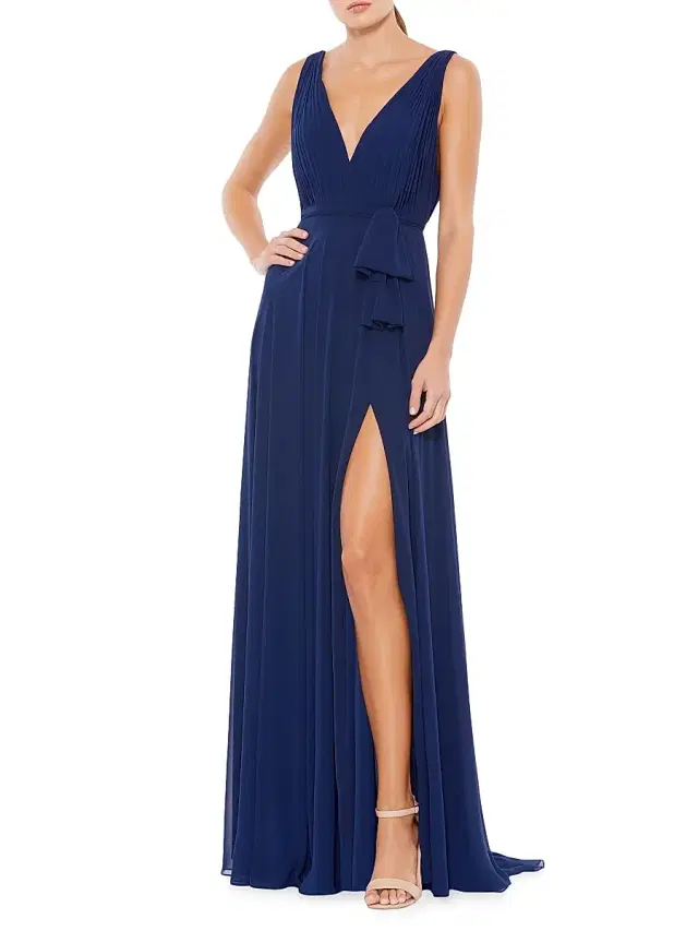 Mac Duggal Women's Pleated V-Neck Draped Tie Gown - Midnight