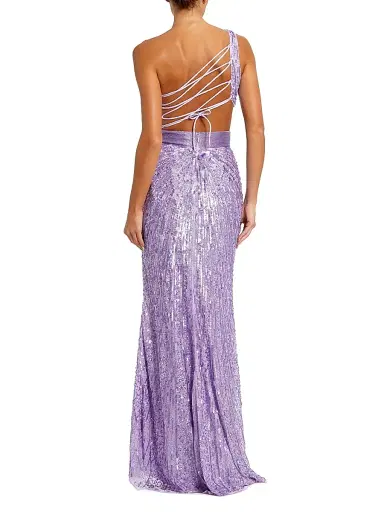 Mac Duggal Women's Sequined One-Shoulder Lace-Up Gown - Lilac - Size 12 | Thumbnail 3