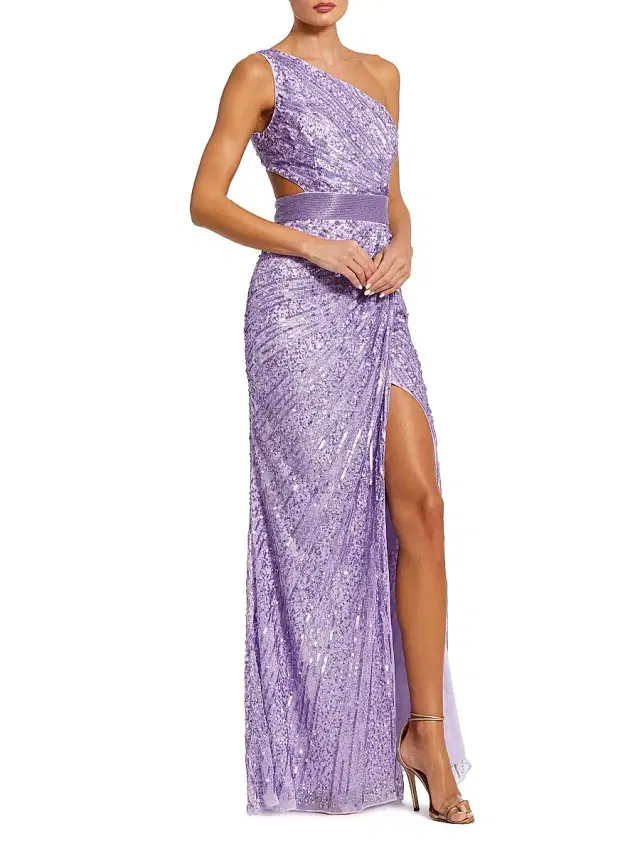 Women's Sequined One-Shoulder Lace-Up Gown - Lilac