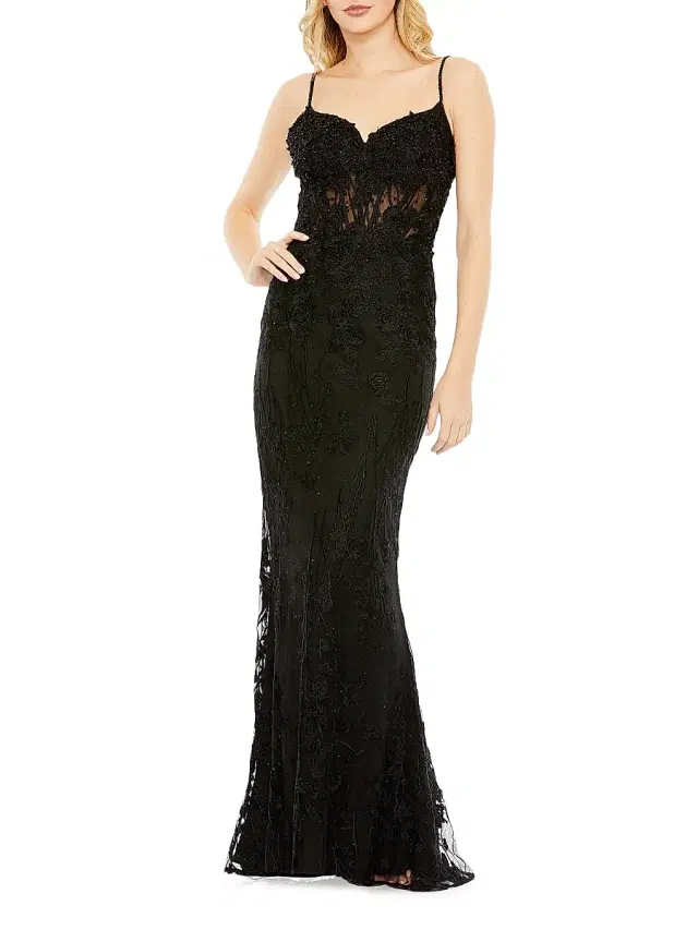 Women's Lace Illusion Bodice Gown - Black