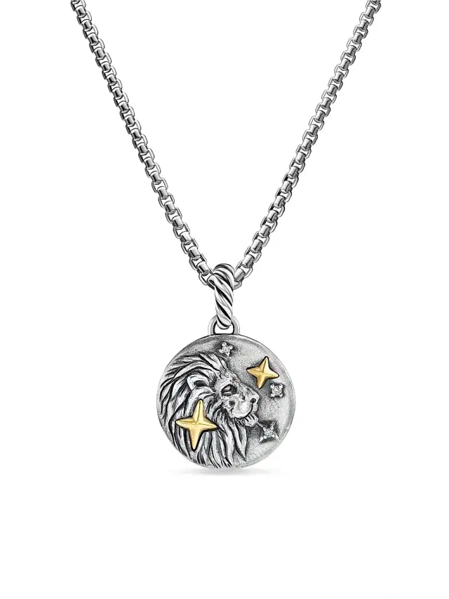 Women's Amulet in Sterling Silver with 18K Yellow Gold and Diamonds, 19MM - Leo