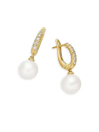David Yurman Women's Pearl and Pavé Drop Earrings in 18K Yellow Gold with Pearls and Diamonds, 15.6mm - Pearl | Thumbnail 5