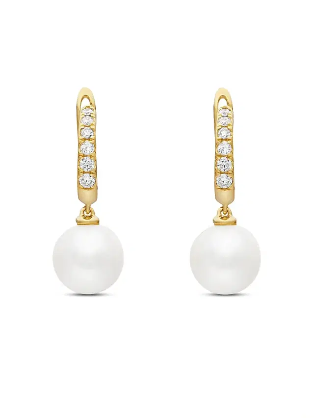 Women's Pearl and Pavé Drop Earrings in 18K Yellow Gold with Pearls and Diamonds, 15.6mm - Pearl