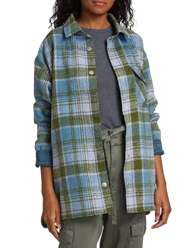 Monrow Women's Plaid Wool Shirt Jacket - Lilac Green Blue | Thumbnail 3 Monrow Women's Plaid Wool Shirt Jacket - Lilac Green Blue | Thumbnail 3