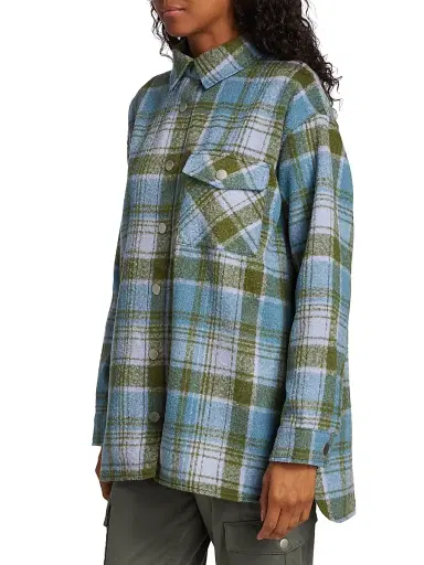 Monrow Women's Plaid Wool Shirt Jacket - Lilac Green Blue | Thumbnail 4 Monrow Women's Plaid Wool Shirt Jacket - Lilac Green Blue | Thumbnail 4