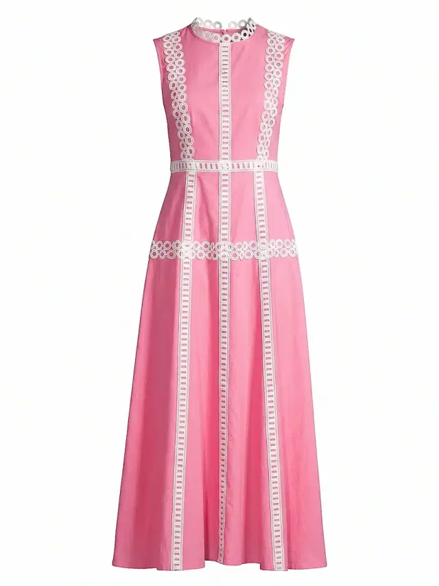 Misook Women's Eyelet-Embroidered Modern-Fit Fit & Flare Maxi Dress - Pink Parfait White