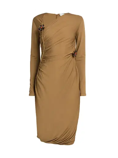 Bottega Veneta Women's Asymmetric Brooch-Embellished Midi-Dress - Acorn - Size 8 | Thumbnail 1 Bottega Veneta Women's Asymmetric Brooch-Embellished Midi-Dress - Acorn - Size 8 | Thumbnail 1