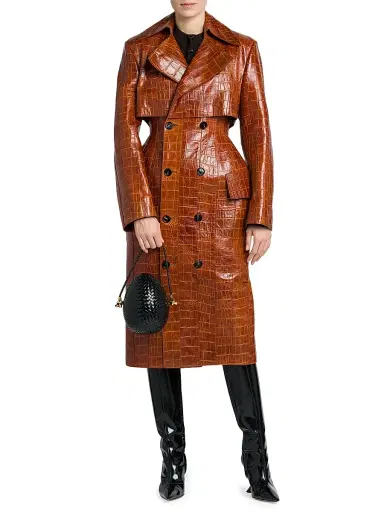 Bottega Veneta Women's Double-Breasted Croc-Embossed Leather Coat - Burnt Orange | Thumbnail 2 Bottega Veneta Women's Double-Breasted Croc-Embossed Leather Coat - Burnt Orange | Thumbnail 2