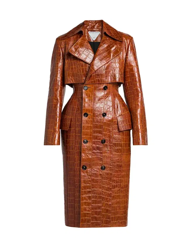 Bottega Veneta Women's Double-Breasted Croc-Embossed Leather Coat - Burnt Orange