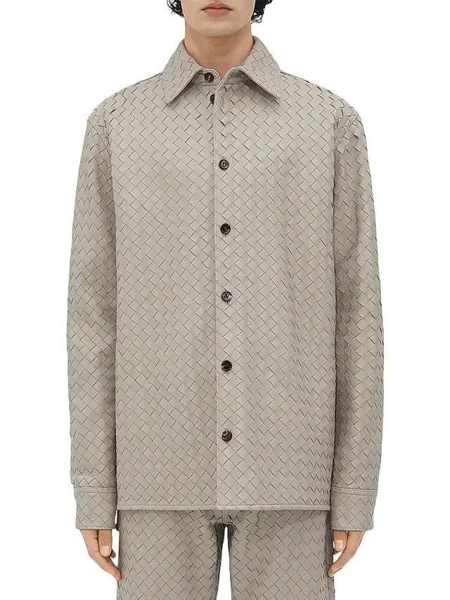 Bottega Veneta Men's Intrecciato Leather Shirt Jacket - Metallic Mist