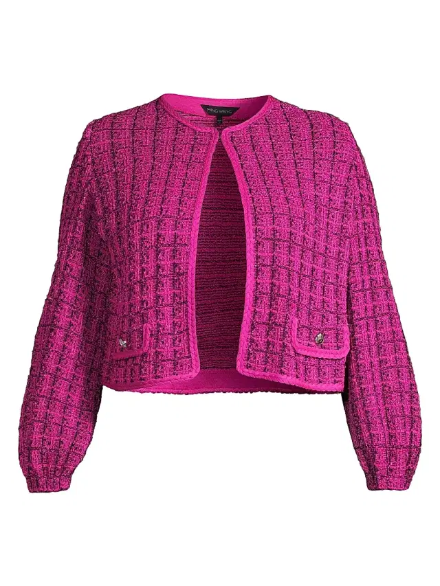 Ming Wang Women's Tweed Knit Check Jacket - Mulberry Black
