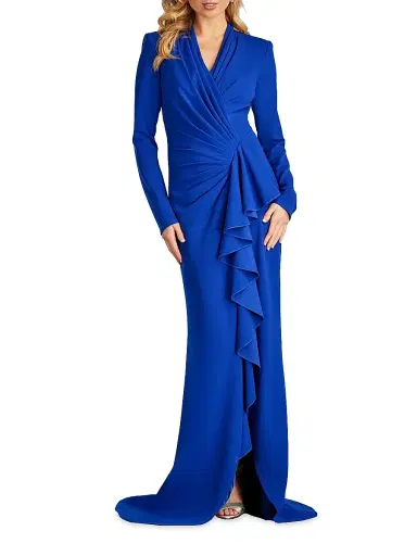 Tadashi Shoji Women's Crepe Ruffled Long-Sleeve Gown - Mystic Blue | Thumbnail 2