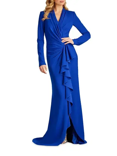 Tadashi Shoji Women's Crepe Ruffled Long-Sleeve Gown - Mystic Blue | Thumbnail 3