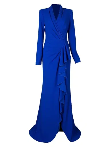 Tadashi Shoji Women's Crepe Ruffled Long-Sleeve Gown - Mystic Blue | Thumbnail 1