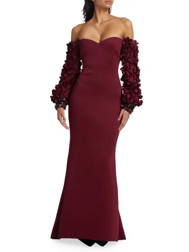 Badgley Mischka Women's Floral Appliqué Off-The-Shoulder Gown - Wine | Thumbnail 1 Badgley Mischka Women's Floral Appliqué Off-The-Shoulder Gown - Wine | Thumbnail 1