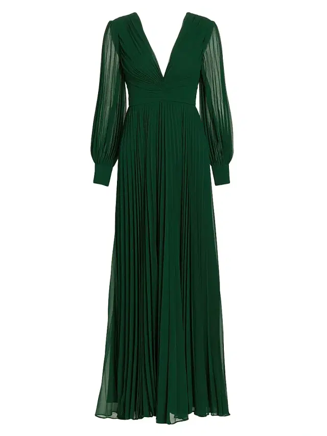 Badgley Mischka Women's Pleated V-Neck Gown - Dark Emerald