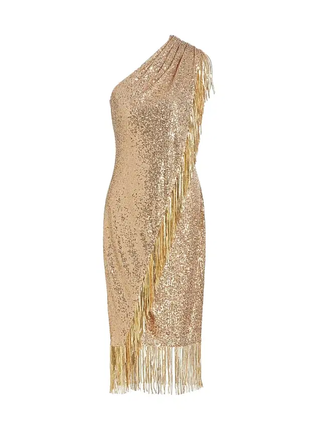 Badgley Mischka Women's Fringe-Trim Sequined Cocktail Dress - Gold