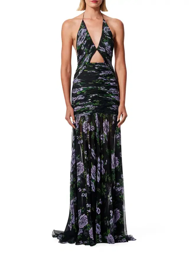 Women's Silk Floral Halter Cut-Out Gown - Black Multi