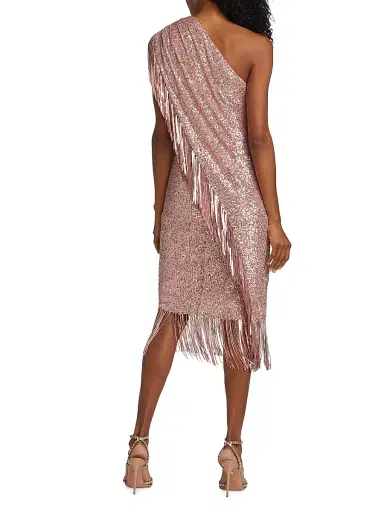 Badgley Mischka Women's Sequin Fringe One-Shoulder Midi Dress - Blush | Thumbnail 5 Badgley Mischka Women's Sequin Fringe One-Shoulder Midi Dress - Blush | Thumbnail 5