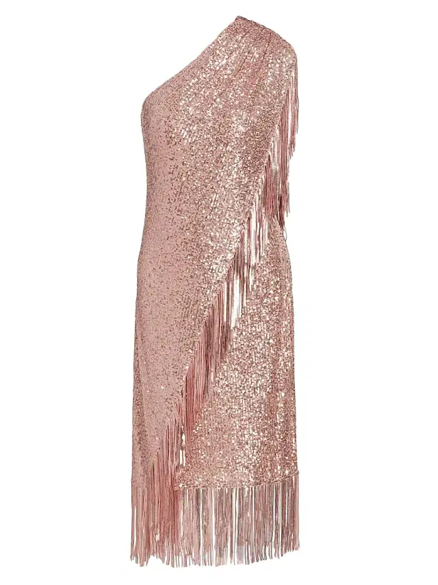 Badgley Mischka Women's Sequin Fringe One-Shoulder Midi Dress - Blush