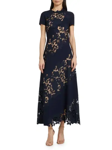 Oscar de la Renta Women's Wool Botanical Guipure Inset Maxi Dress - Navy | Thumbnail 2 Oscar de la Renta Women's Wool Botanical Guipure Inset Maxi Dress - Navy | Thumbnail 2