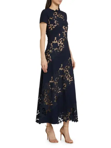Oscar de la Renta Women's Wool Botanical Guipure Inset Maxi Dress - Navy | Thumbnail 3 Oscar de la Renta Women's Wool Botanical Guipure Inset Maxi Dress - Navy | Thumbnail 3