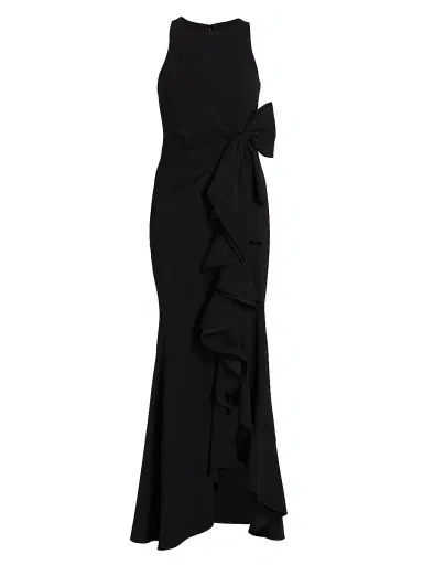 Badgley Mischka Women's Odessa Asymmetric Sleeveless Column Ruffle-Skirt Gown - Black | Thumbnail 1 Badgley Mischka Women's Odessa Asymmetric Sleeveless Column Ruffle-Skirt Gown - Black | Thumbnail 1
