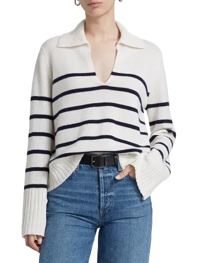 Jenni Kayne Women's Frances Striped Cashmere Polo Sweater - Ivory Navy - Size XL | Thumbnail 3 Jenni Kayne Women's Frances Striped Cashmere Polo Sweater - Ivory Navy - Size XL | Thumbnail 3