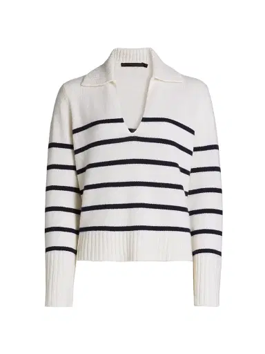 Jenni Kayne Women's Frances Striped Cashmere Polo Sweater - Ivory Navy - Size XL | Thumbnail 1 Jenni Kayne Women's Frances Striped Cashmere Polo Sweater - Ivory Navy - Size XL | Thumbnail 1