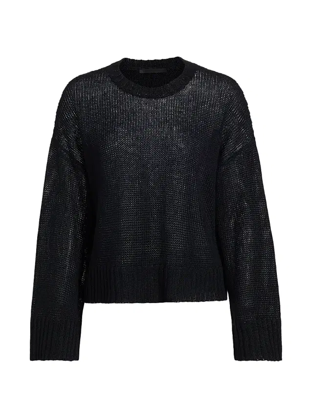 Women's Cropped Linen Knit Crewneck Sweater - Black