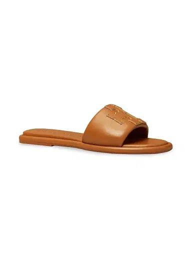 Tory Burch Women's Double-T Monogram Padded Leather Slide Sandals - Miele Gold - Size 9.5 | Thumbnail 2