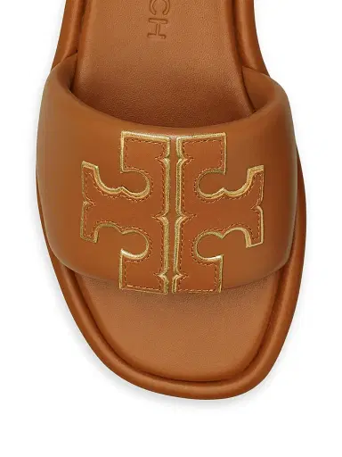 Tory Burch Women's Double-T Monogram Padded Leather Slide Sandals - Miele Gold - Size 9.5 | Thumbnail 3