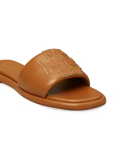 Tory Burch Women's Double-T Monogram Padded Leather Slide Sandals - Miele Gold - Size 9.5 | Thumbnail 5