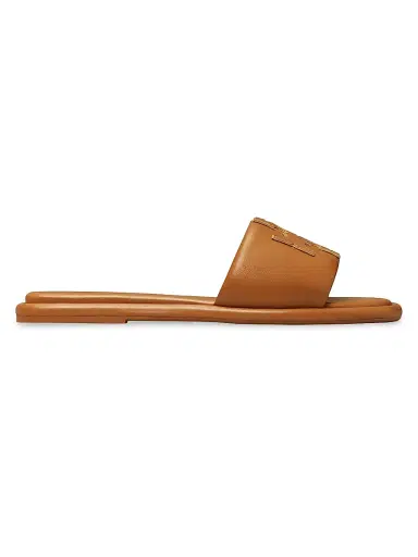 Tory Burch Women's Double-T Monogram Padded Leather Slide Sandals - Miele Gold - Size 9.5 | Thumbnail 1