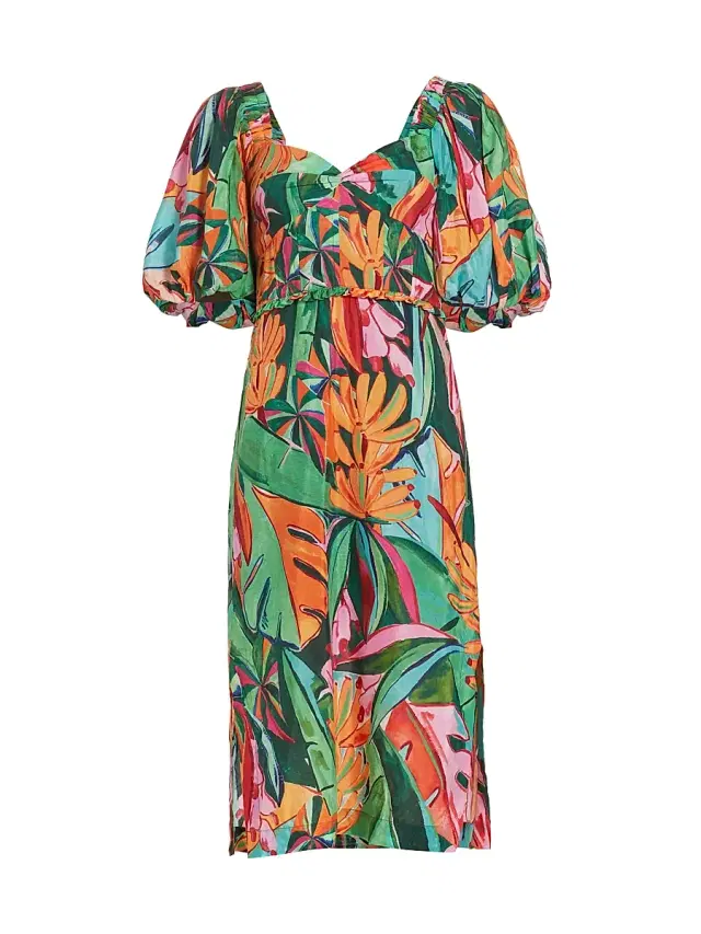 Farm Rio Women's Banana Foliage Puff-Sleeve Cotton Voile Midi-Dress