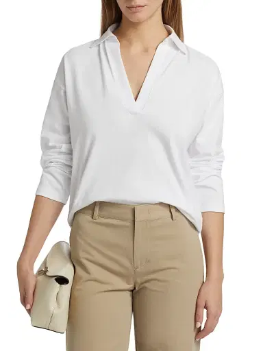 Vince Women's Cotton Long-Sleeve Polo Top - Optic White | Thumbnail 3