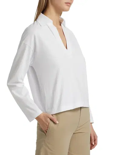 Vince Women's Cotton Long-Sleeve Polo Top - Optic White | Thumbnail 4