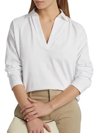 Vince Women's Cotton Long-Sleeve Polo Top - Optic White | Thumbnail 6