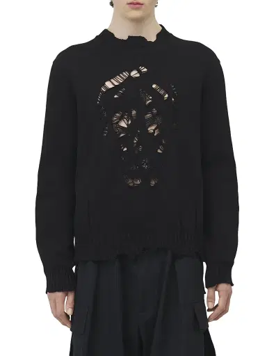 Alexander McQueen Men's Distressed Skull Crewneck Cotton Sweater - Black - Size XXL | Thumbnail 1