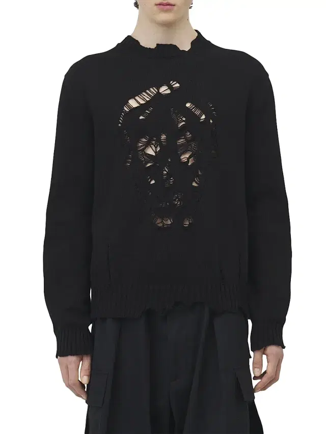 McQueen Men's Distressed Skull Crewneck Cotton Sweater - Black