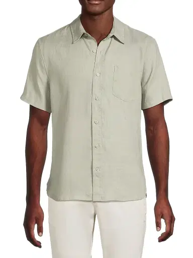Vince Men's Linen Short-Sleeve Button-Front Shirt - Matcha | Thumbnail 3 Vince Men's Linen Short-Sleeve Button-Front Shirt - Matcha | Thumbnail 3