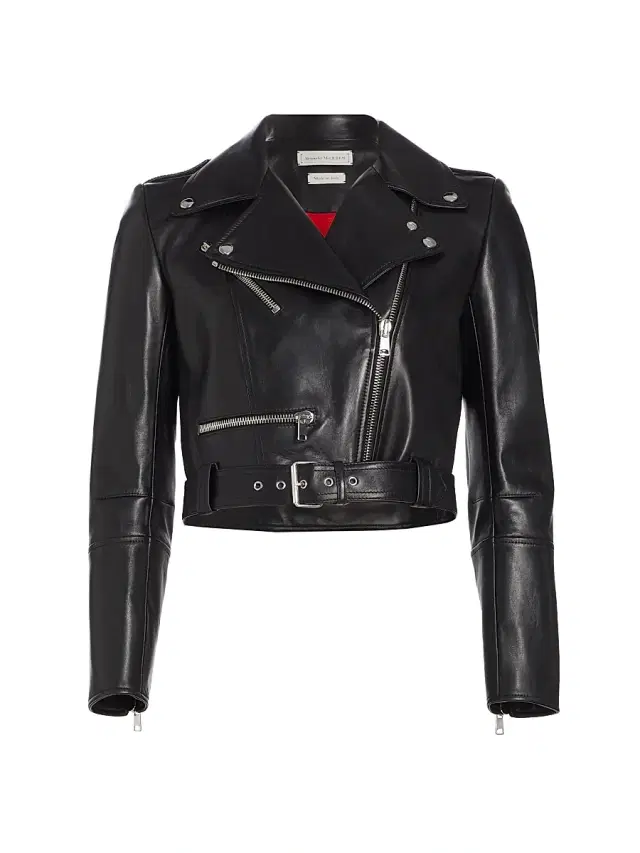 McQueen Women's Leather Crop Biker Jacket - Black