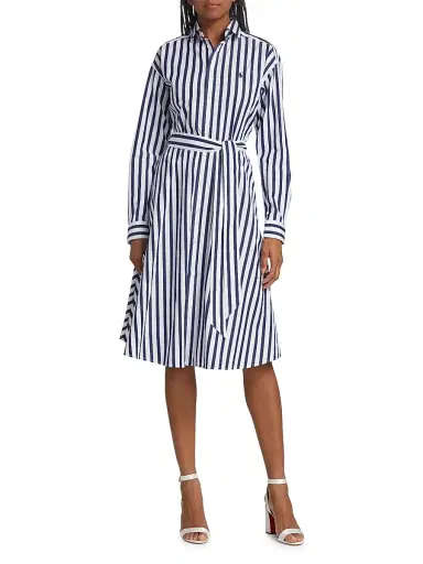 Polo Ralph Lauren Women's Ela Belted Stripe Cotton Shirtdress - Navy White | Thumbnail 2