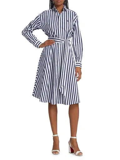 Polo Ralph Lauren Women's Ela Belted Stripe Cotton Shirtdress - Navy White | Thumbnail 3