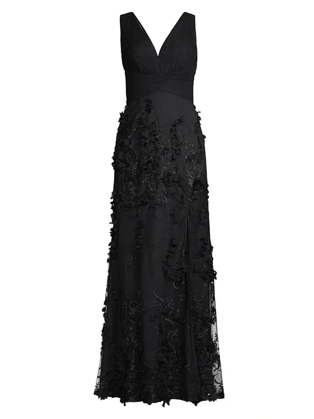 Aidan Mattox Women's Flower Appliqué Mermaid Gown - Black