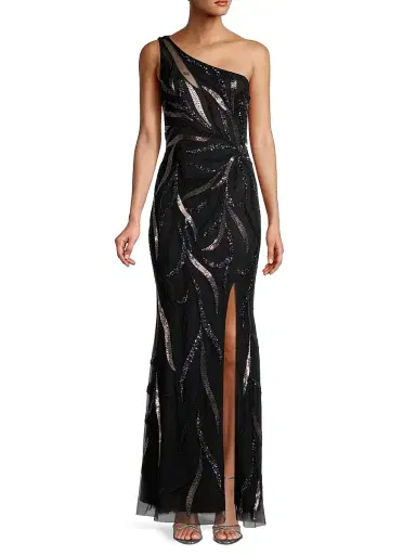 Aidan Mattox Women's One-Shoulder Beaded Slit Gown - Black | Thumbnail 2
