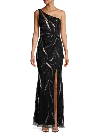 Aidan Mattox Women's One-Shoulder Beaded Slit Gown - Black | Thumbnail 3