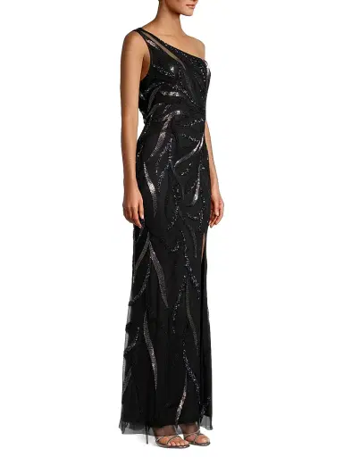 Aidan Mattox Women's One-Shoulder Beaded Slit Gown - Black | Thumbnail 4