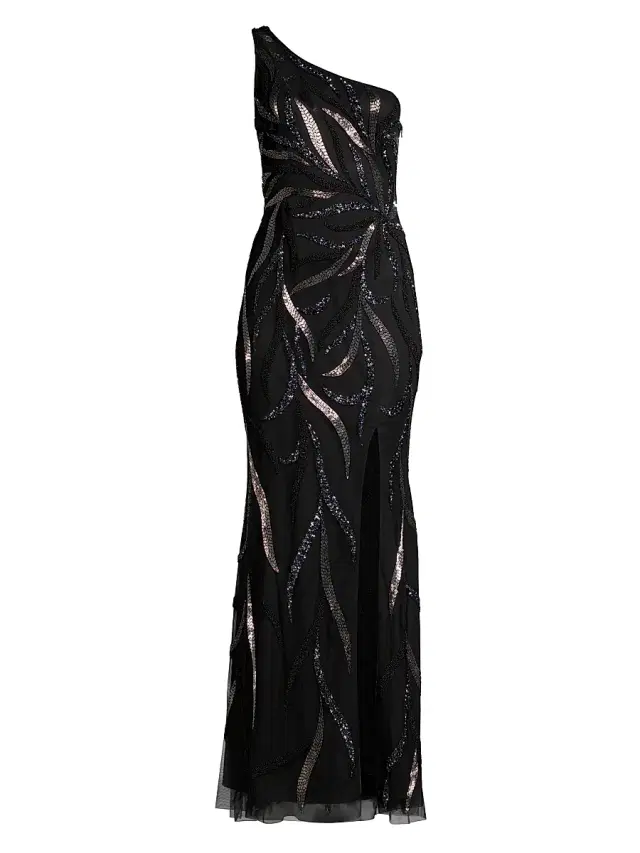 Aidan Mattox Women's One-Shoulder Beaded Slit Gown - Black